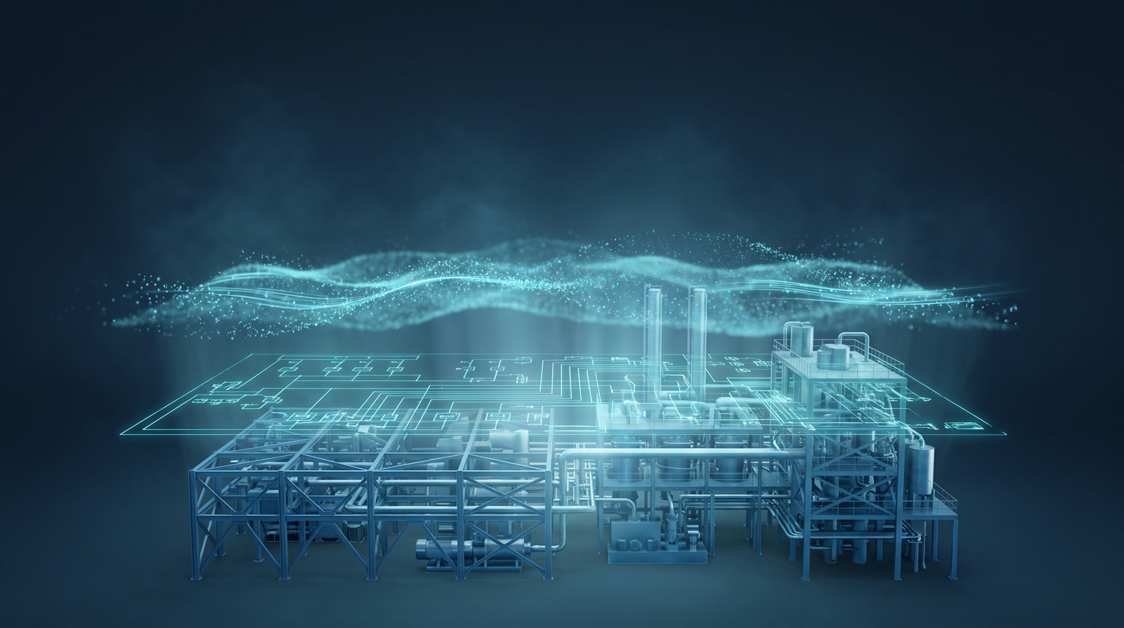 Estrutura de uma planta industrial com camadas sobrepostas de engenharia mecânica, elétrica e digital convergindo numa só imagem
