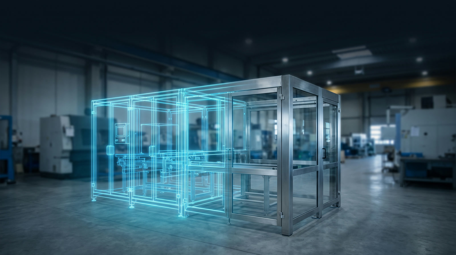 Estrutura de máquina industrial com sobreposição de desenho técnico translúcido em azul, mostrando o projeto de engenharia sobre a estrutura real